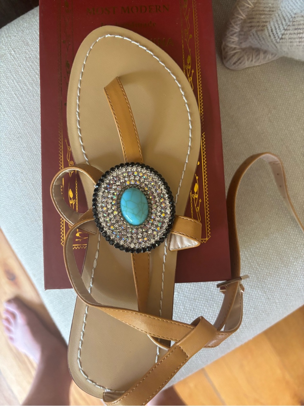 Tan T-Strap Sandals with Turquoise Accent and Rhinestone Medallion
